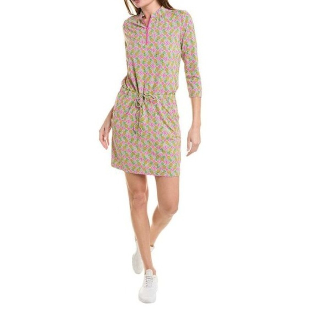 Ibkul Dress Medium Pink Pineapple 3/4 Sleeve Mock Neck‎ Stretch Golf Tennis UPF
